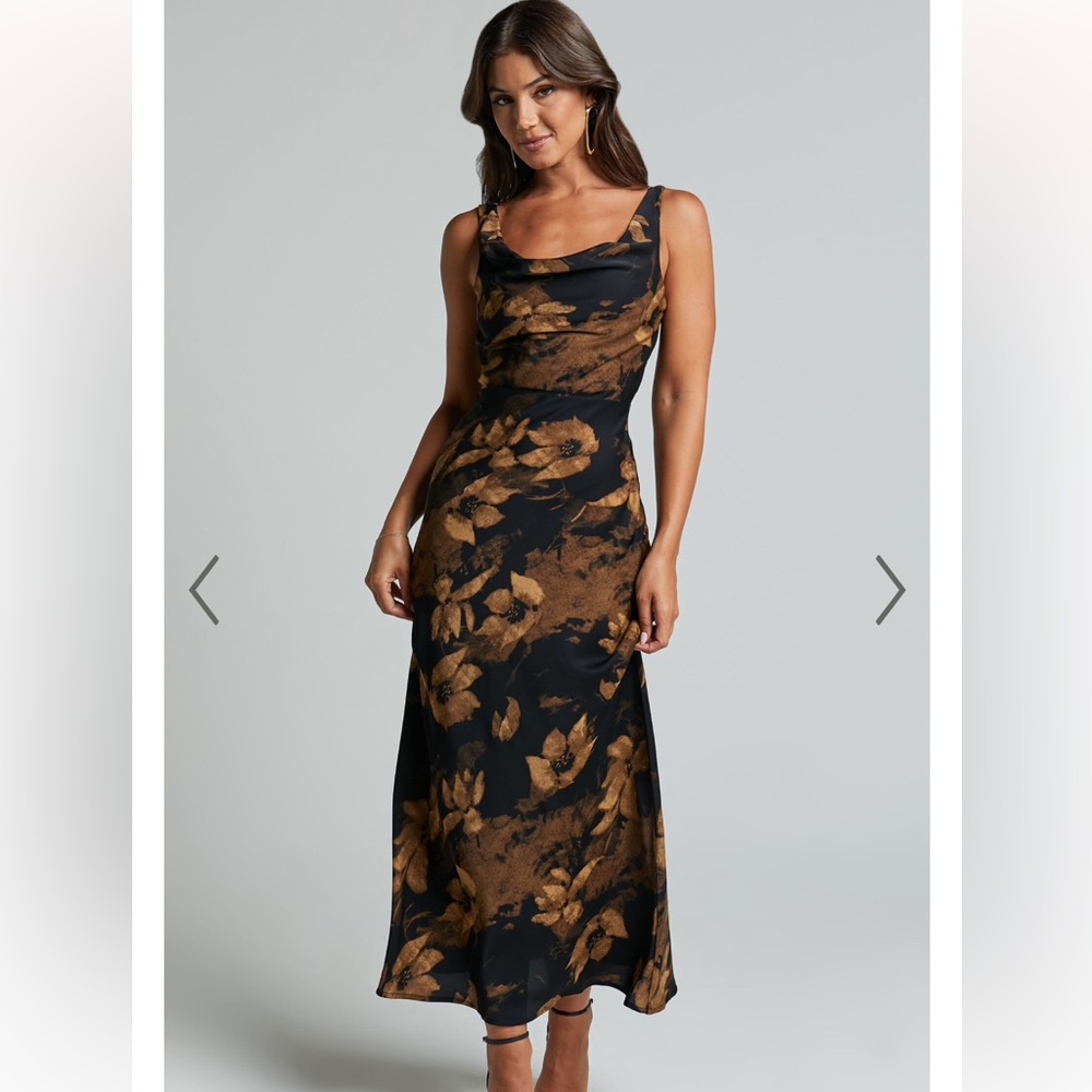 DARA MIDI DRESS - LOW NECK SLEEVELESS SLIP DRESS IN AMBER FLORAL PRINT